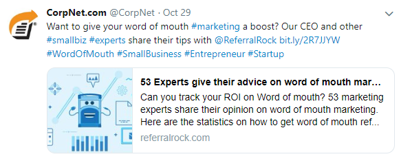 A Referral Rock article is shared by another company on Twitter