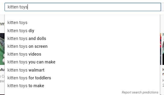 YouTube keyword research search suggestions kitten toys