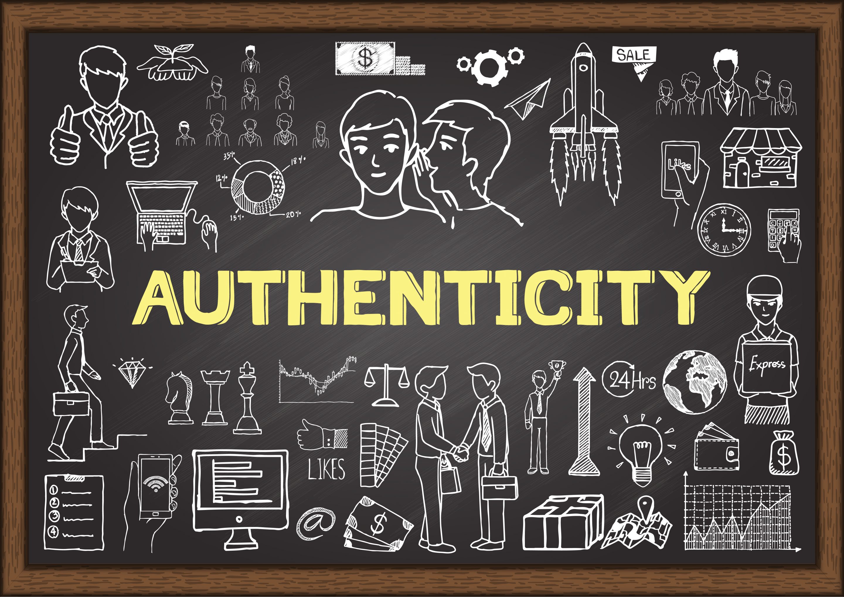 The word Authenticity on a blackboard with images of people connecting drawn in chalk around it.