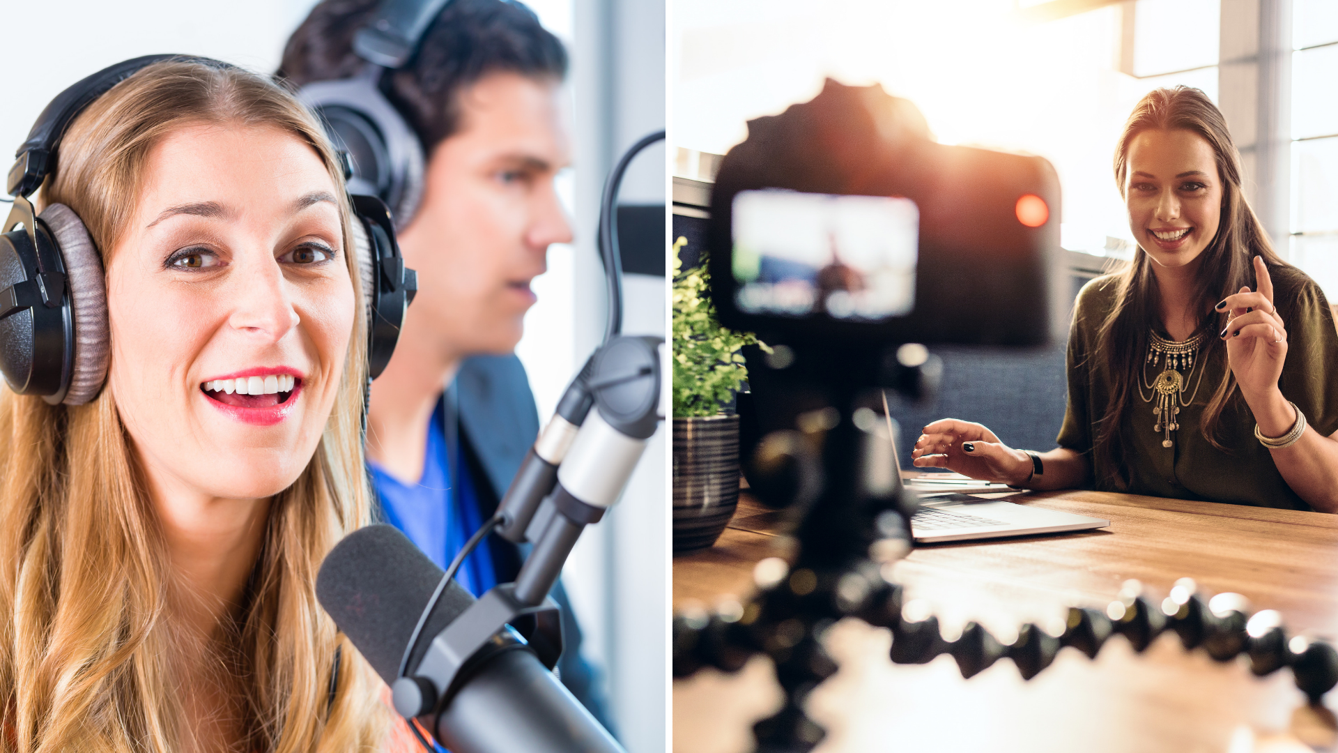 Two images side by side: A woman recording a podcast and a woman recording a video.