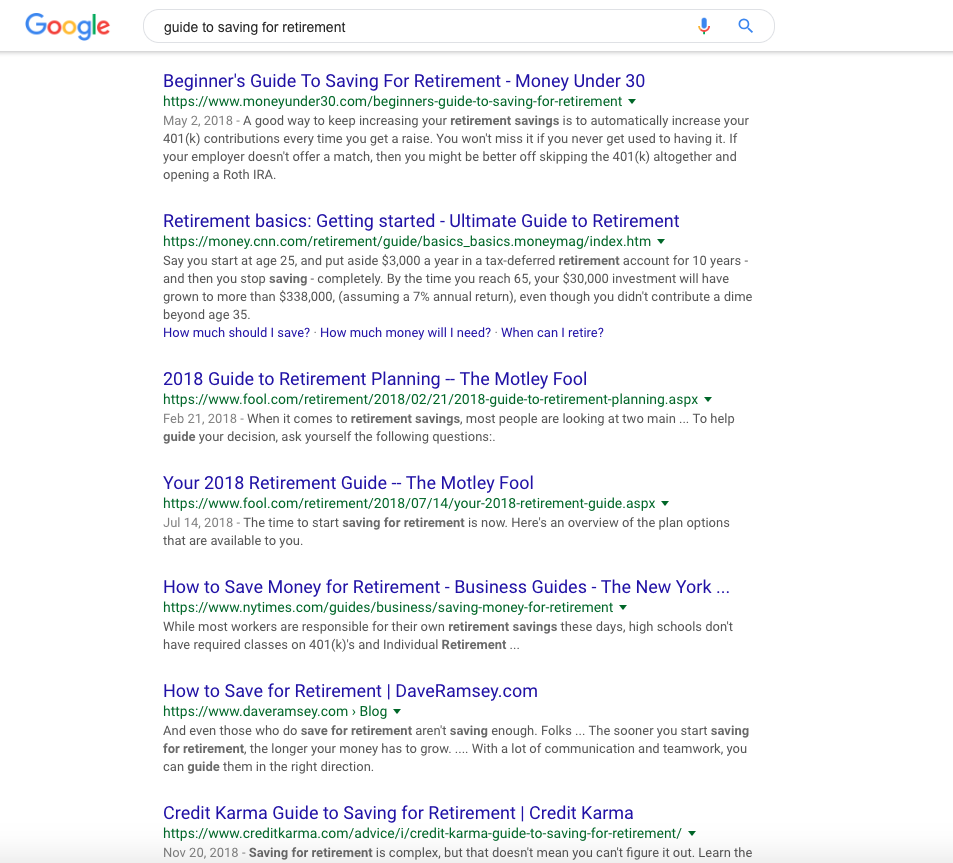 google search results for "guide to saving for retirement"