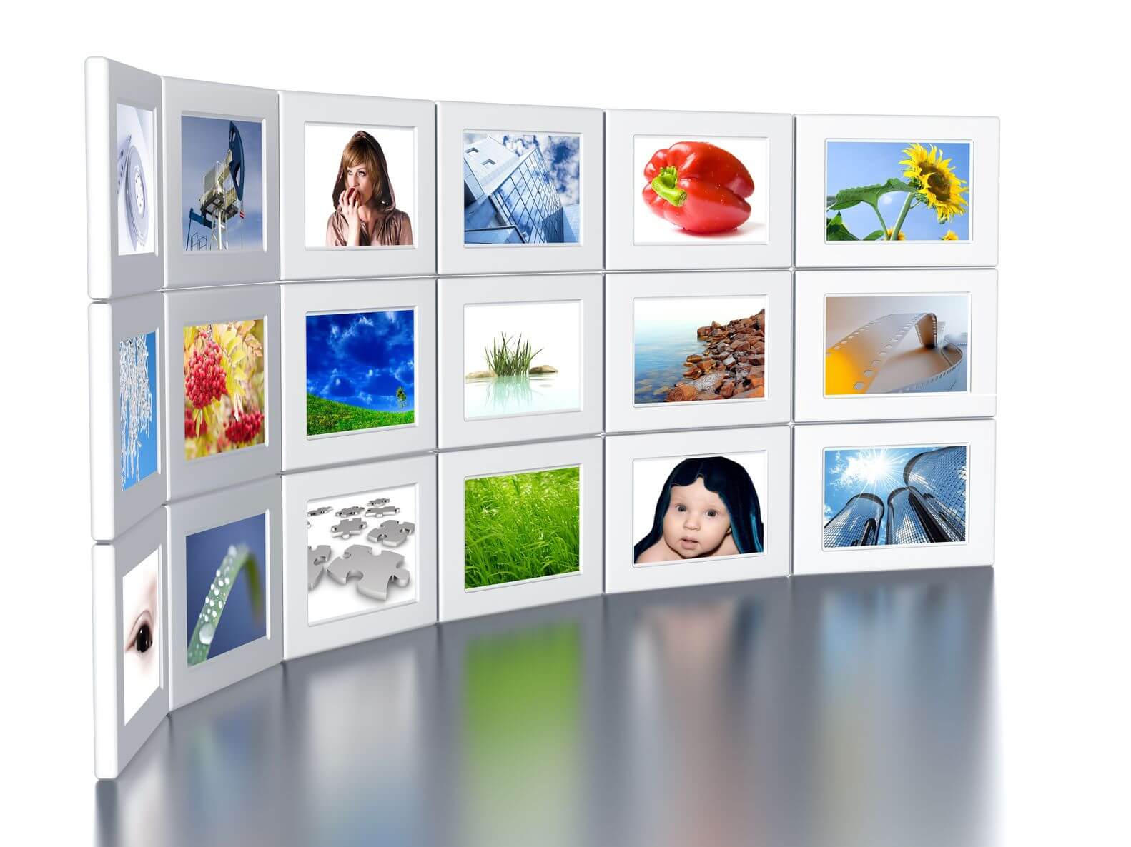 An image of a gallery wall with 15 different images.