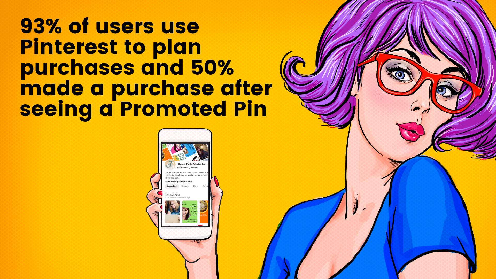 A cartoon woman holding a mobile phone with Pinterest up on it.
