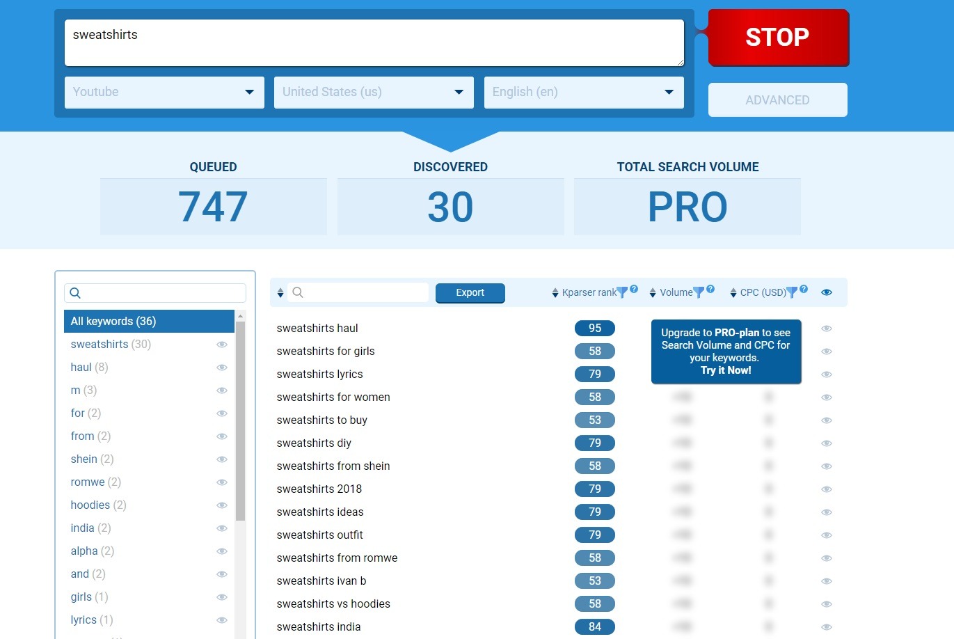 Kparser keyword research tool for YouTube