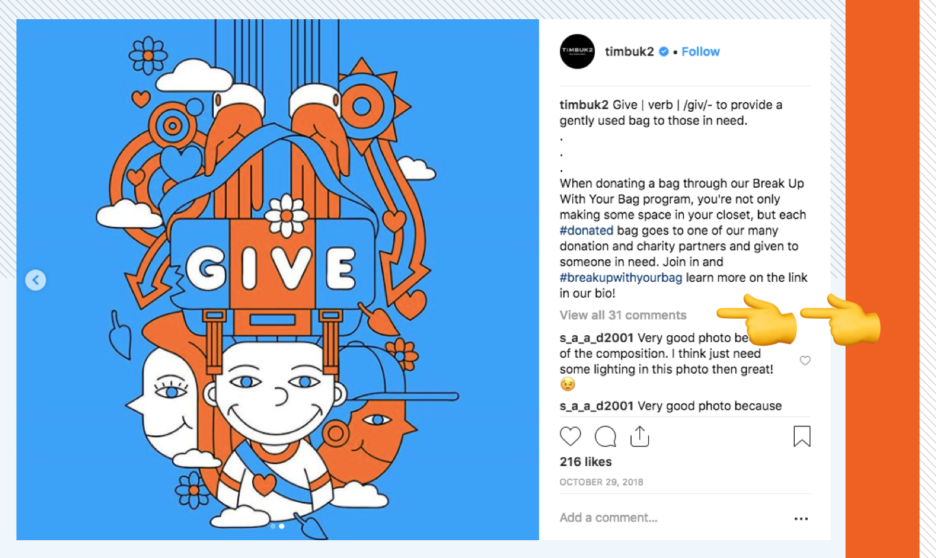 A screenshot of a Timbuk2 Instagram post that shows engagement