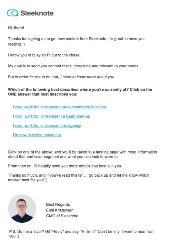 sleeknote segmentation email