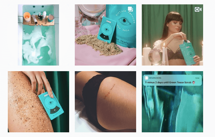 The brand’s social media aesthetic emulated the Green Tease body scrub for the product launch.