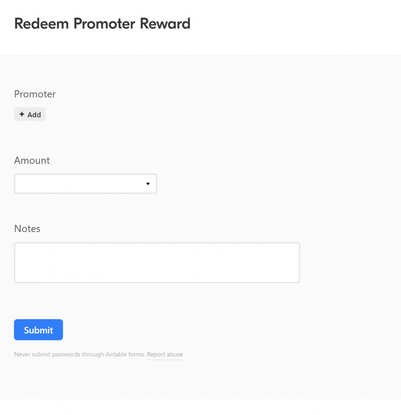 Redeem Promoter Rewards form for your promoter requesting a payout of their reward on our referral tracking spreadsheet