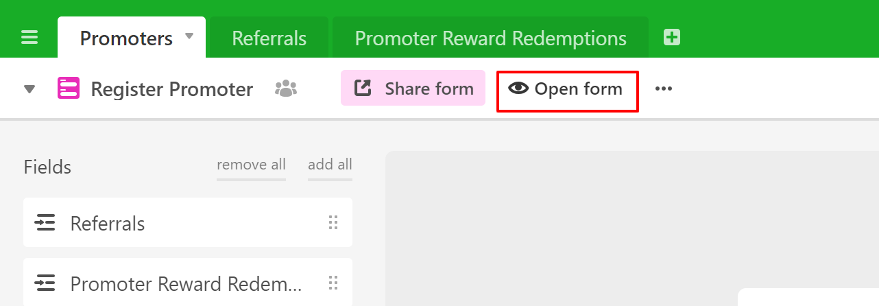 Referral Tracking spreadsheet how to register promoters or members on Airtable example