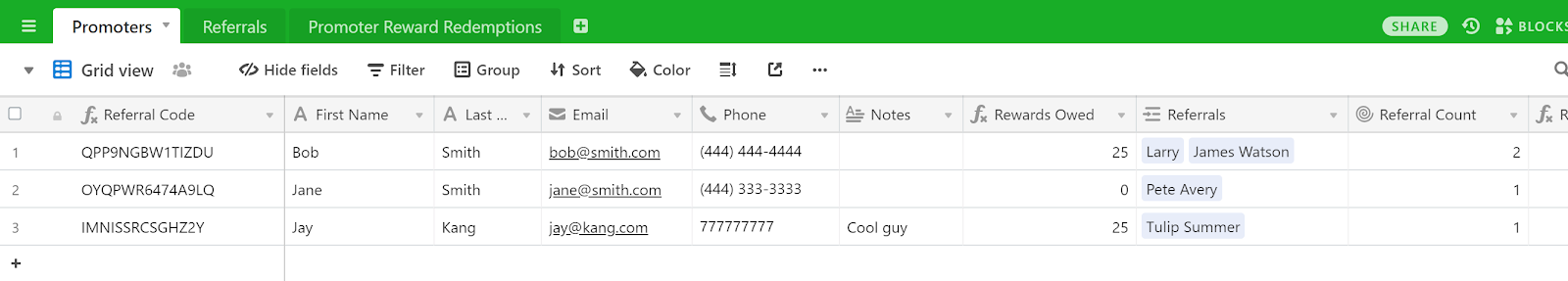 Referral Tracking spreadsheet Promoters information tracking Airtable