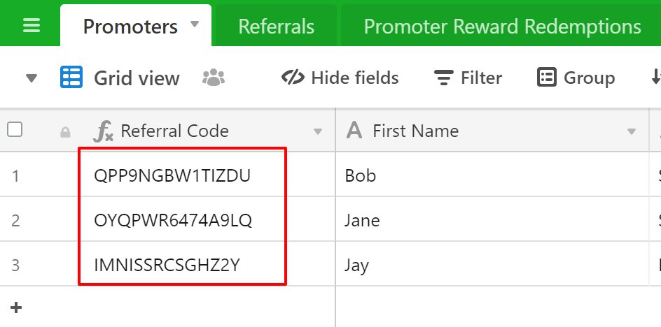 Referral Tracking Spreadsheet Promoters Airtable Referral Code generator