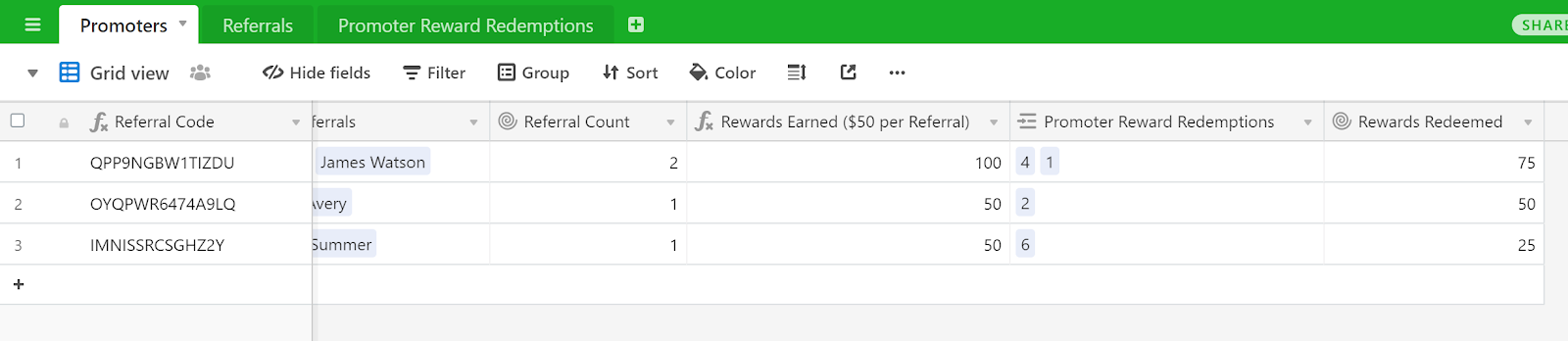 Referral Tracking spreadsheet Promoters tracking rewards and referrals screenshot example