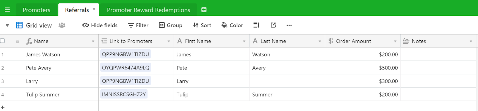 Referral Tracking Referrals Airtable registering and connect referrals to promoters example screenshot