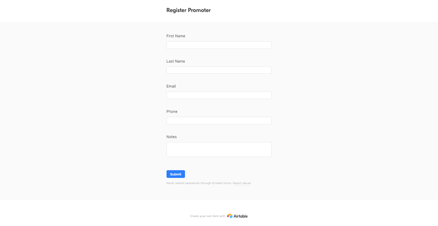 Register Promoter form on our referral tracking spreadsheet template