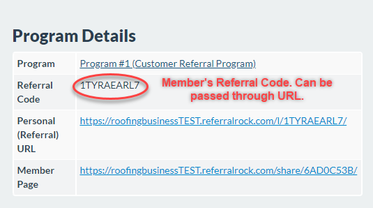 example of a referral code associated to the member