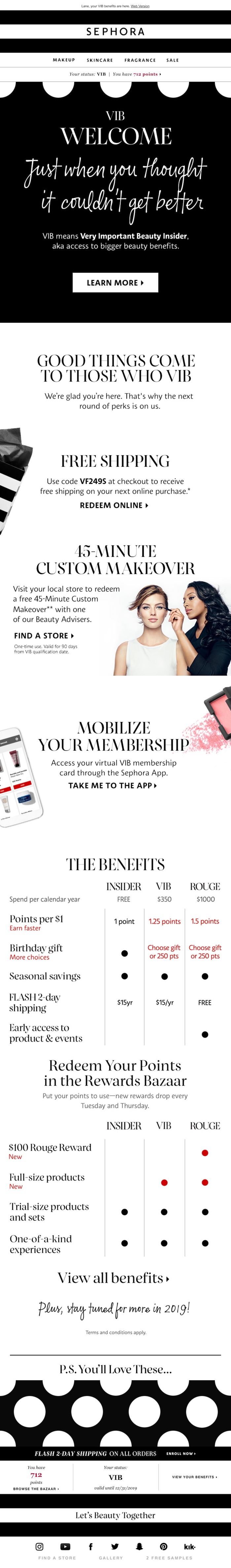 welcome email example with many options from sephora
