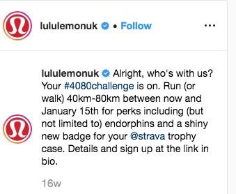 Lululemon post with sponsored hashtags