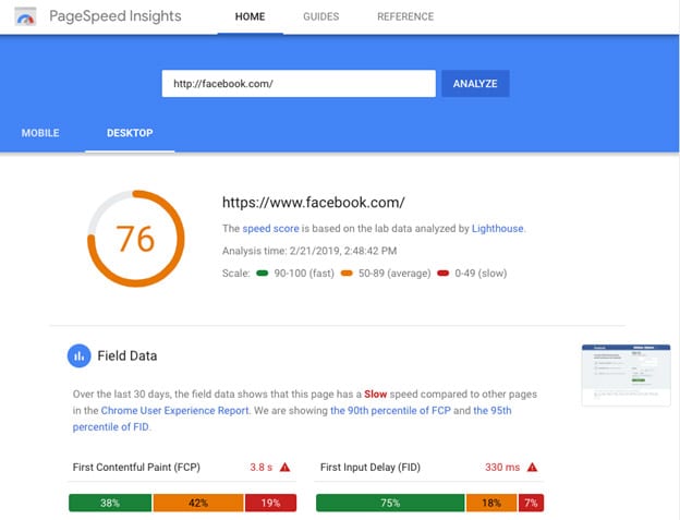 Facebook Page Speed Resuts are a 76 out of 100 image