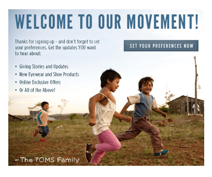 TOMS welcome email with a picture of children running