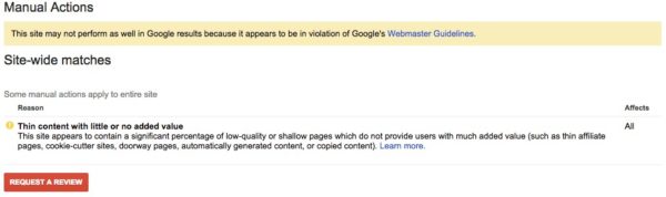 manual penalty warning from Google