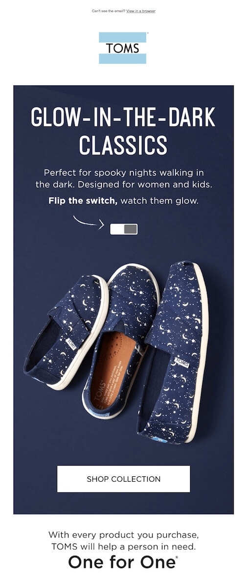 TOMS email shows that buying a pair of shoes gives a pair to someone in need
