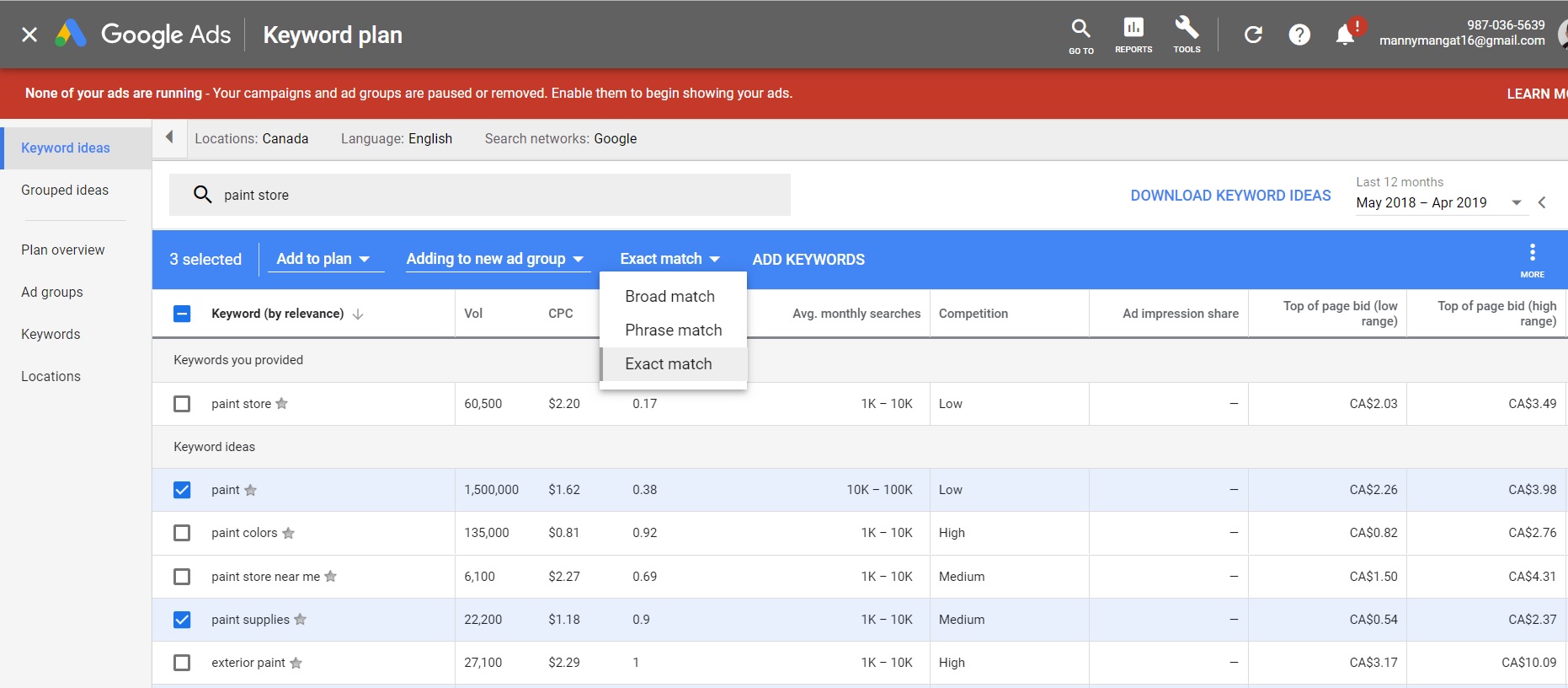 exact match keyword volume