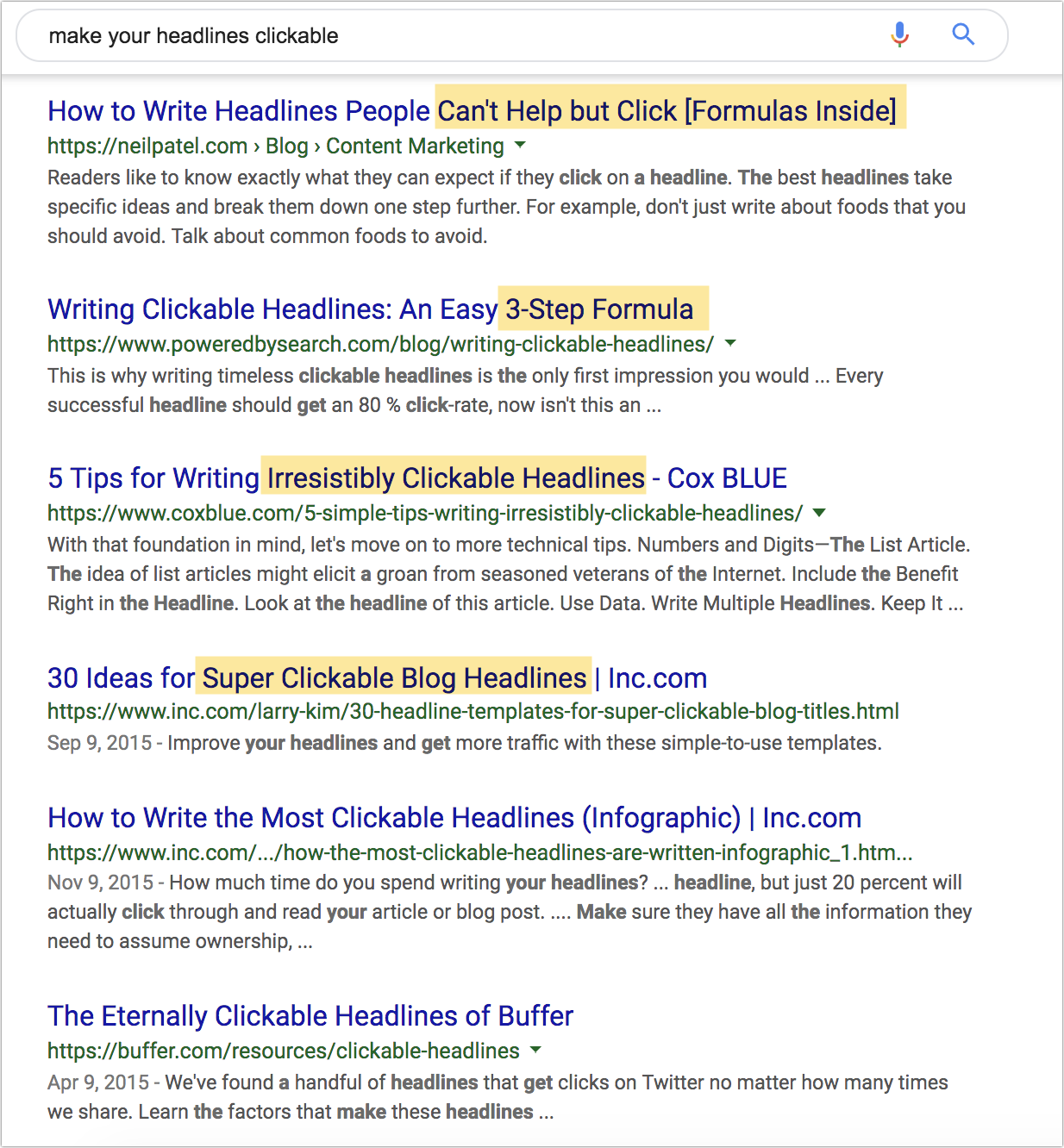 example of headlines in google search results.