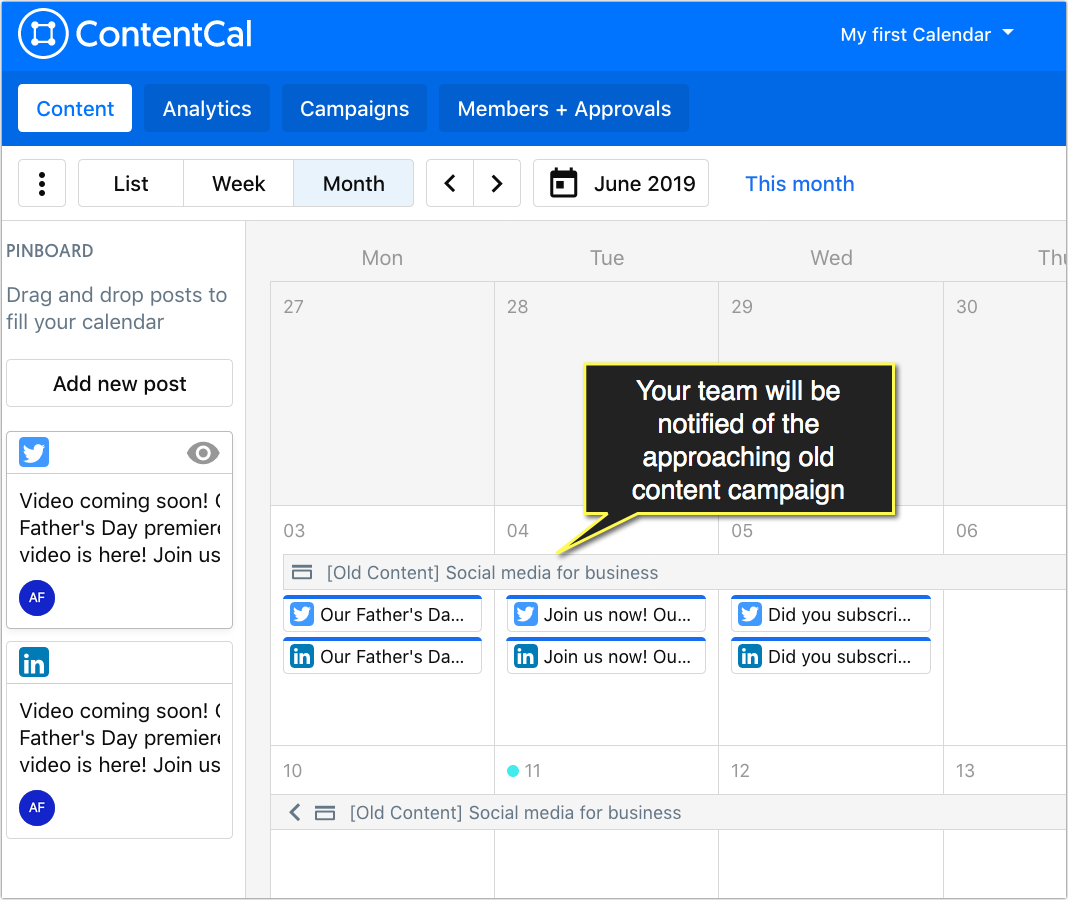 screenshot of a content calendar that reminds content teams to promote and update content.