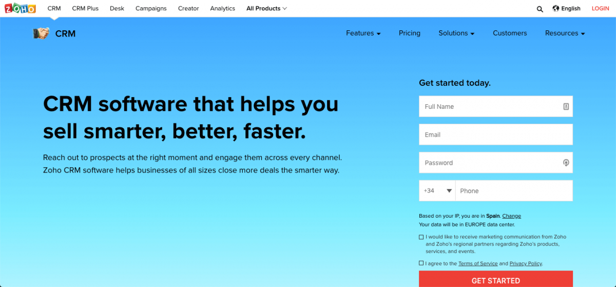 Zoho CRM Screenshot
