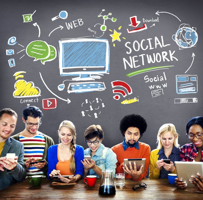 People on devices scrolling on social media with web concept above their heads 