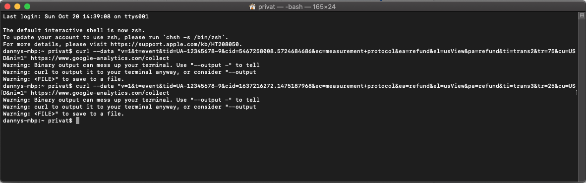 bash console that sends hits to google analytics via the measurement protocol.