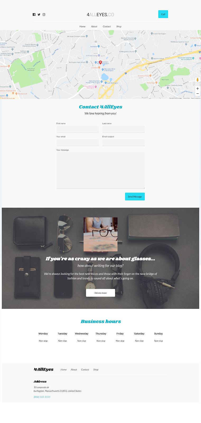 An example of a contact page that allows a visitor to contact the company, and lets the visitor know when the company is open and where they are located.