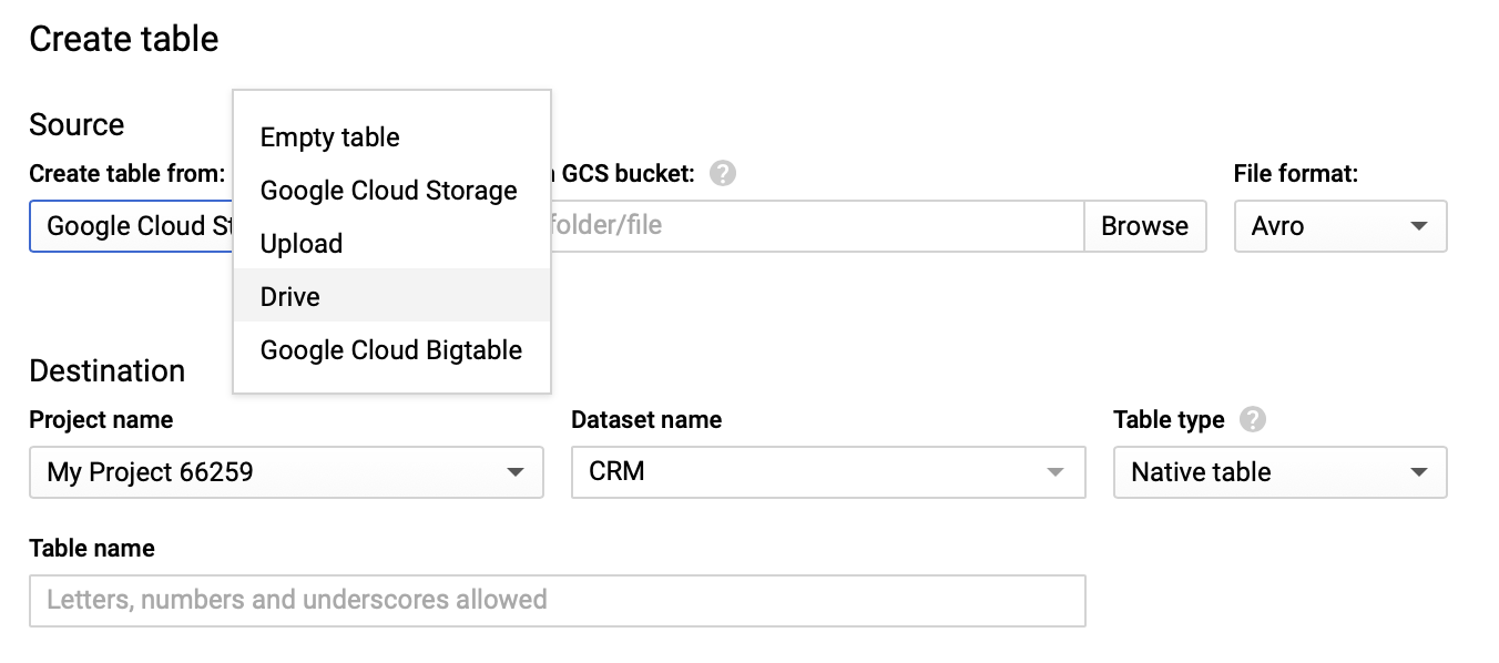 table creation and connection options for bigquery.