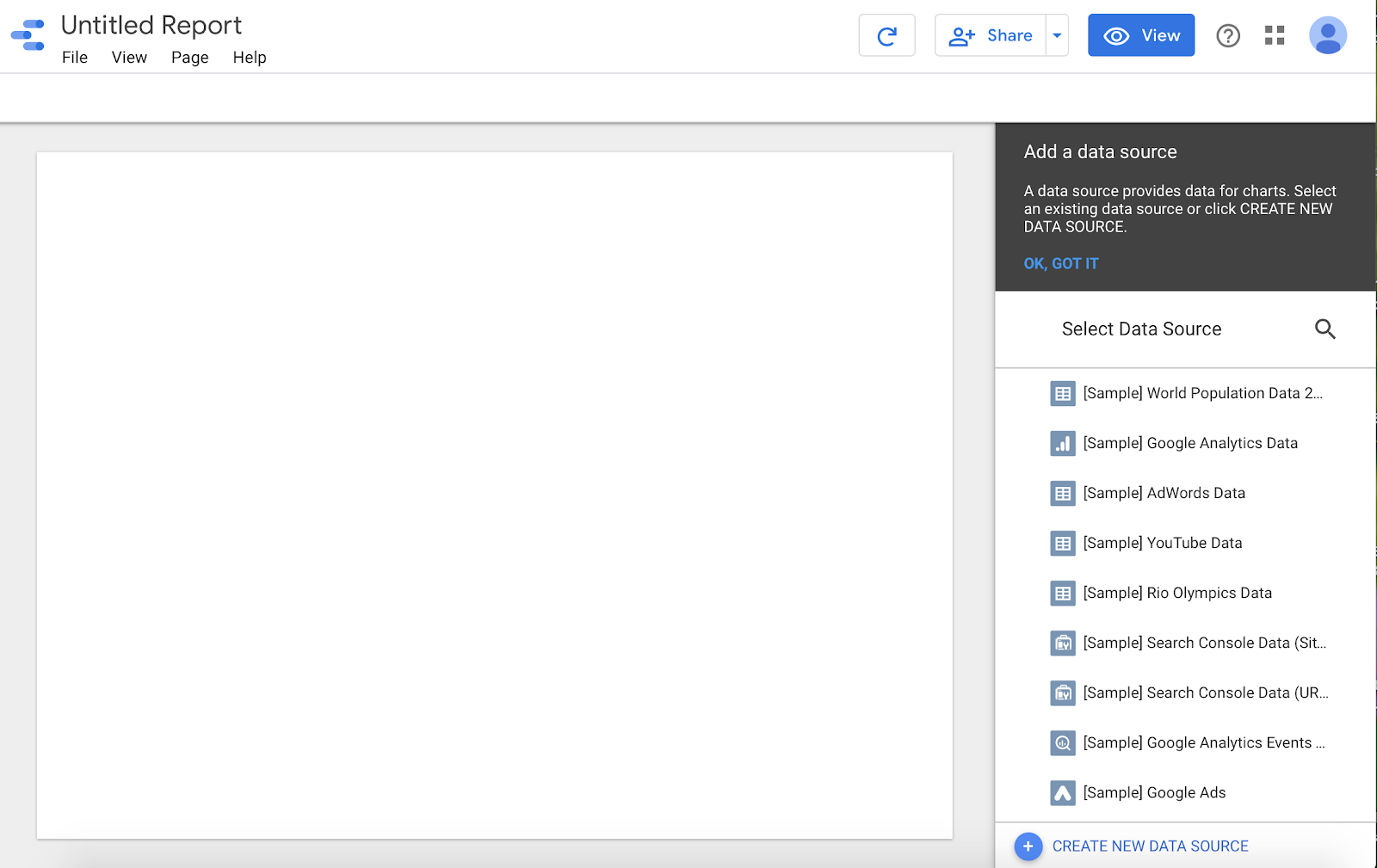 new report interface in data studio.