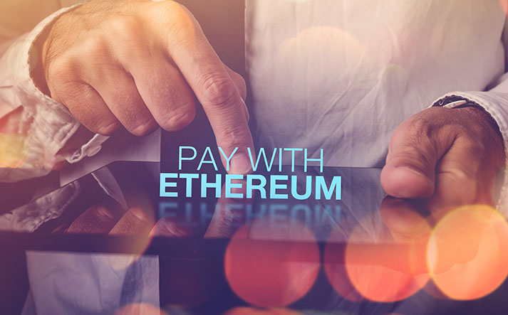 Pay with Ethereum cryptocurrency concept with businessman and digital tablet