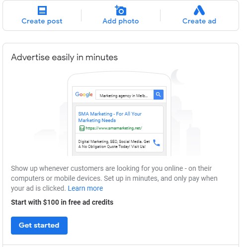 Google my Business Listing section to create a post and add photos or create an ad
