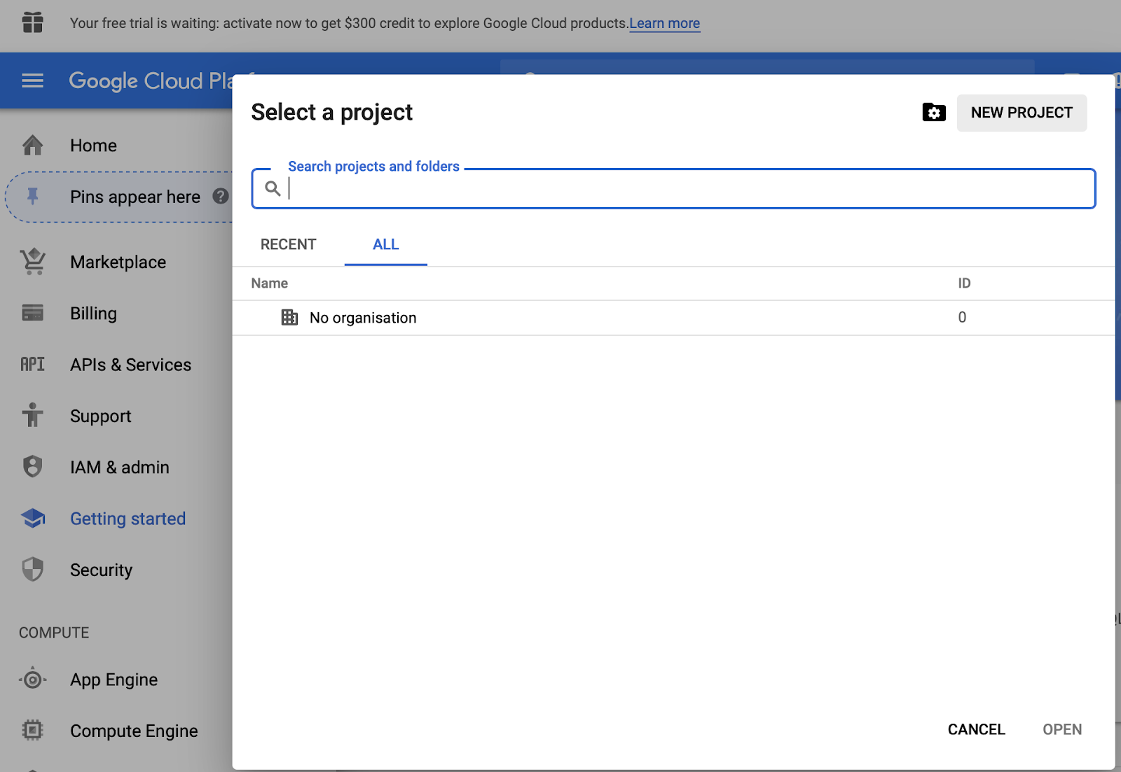 project selection screen within google bigquery.