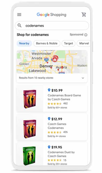 Google shopping showing local places on a map where the product is available