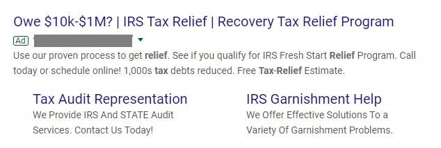 Google search ad for tax relief