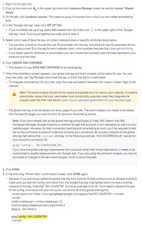how to set of global tags for remarketing google