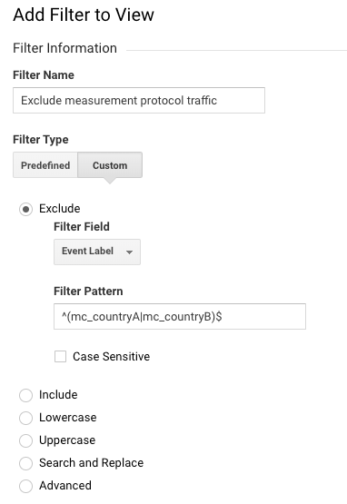 custom filter to segment data import from measurement protocol.