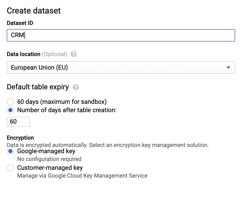 dataset options within bigquery.