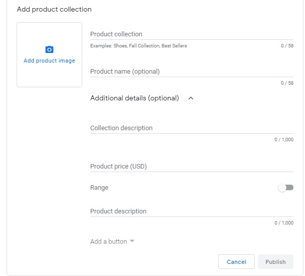 blank view of product collection in Google My Business Listing