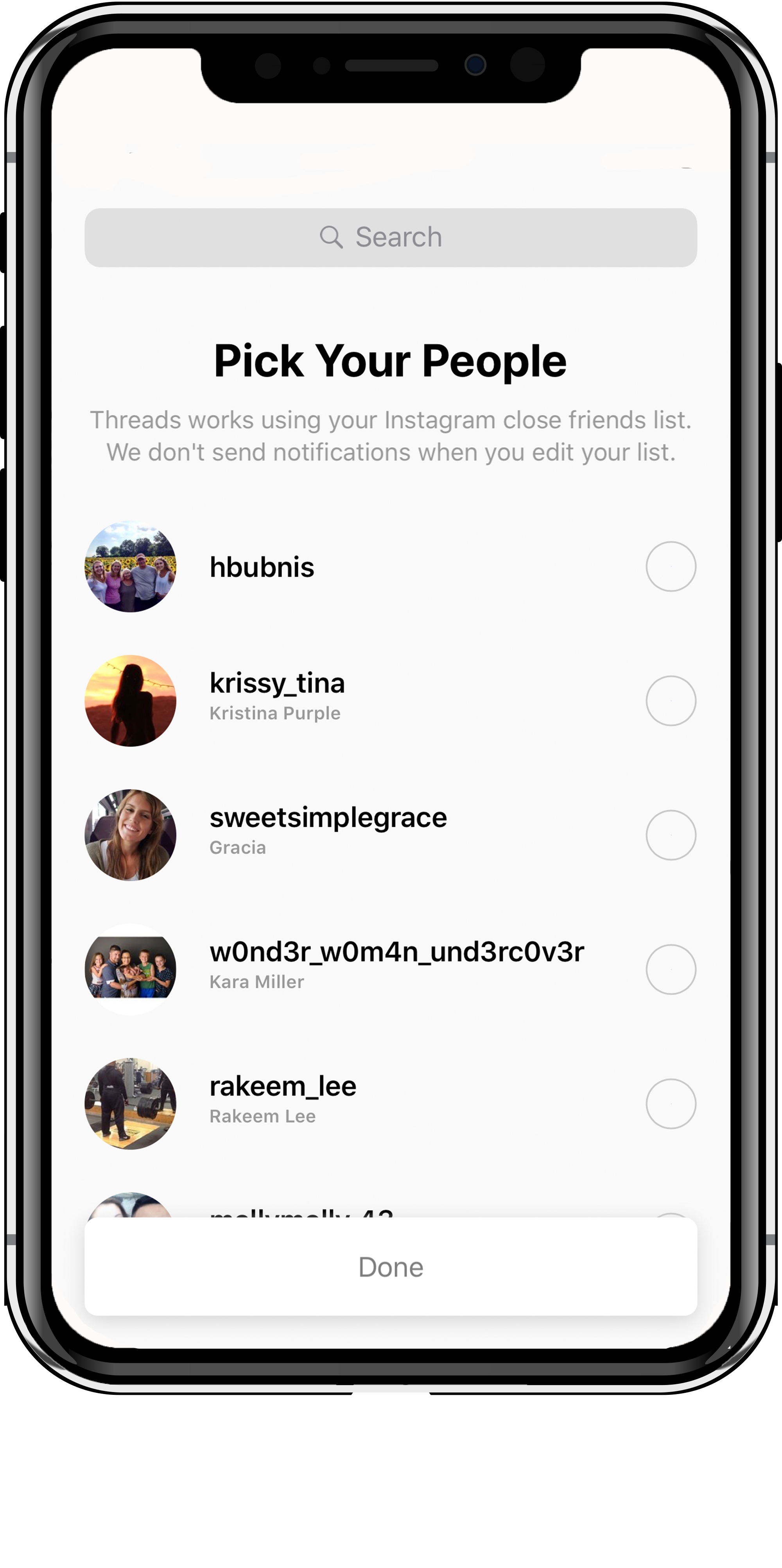 Pick you people page on Threads app