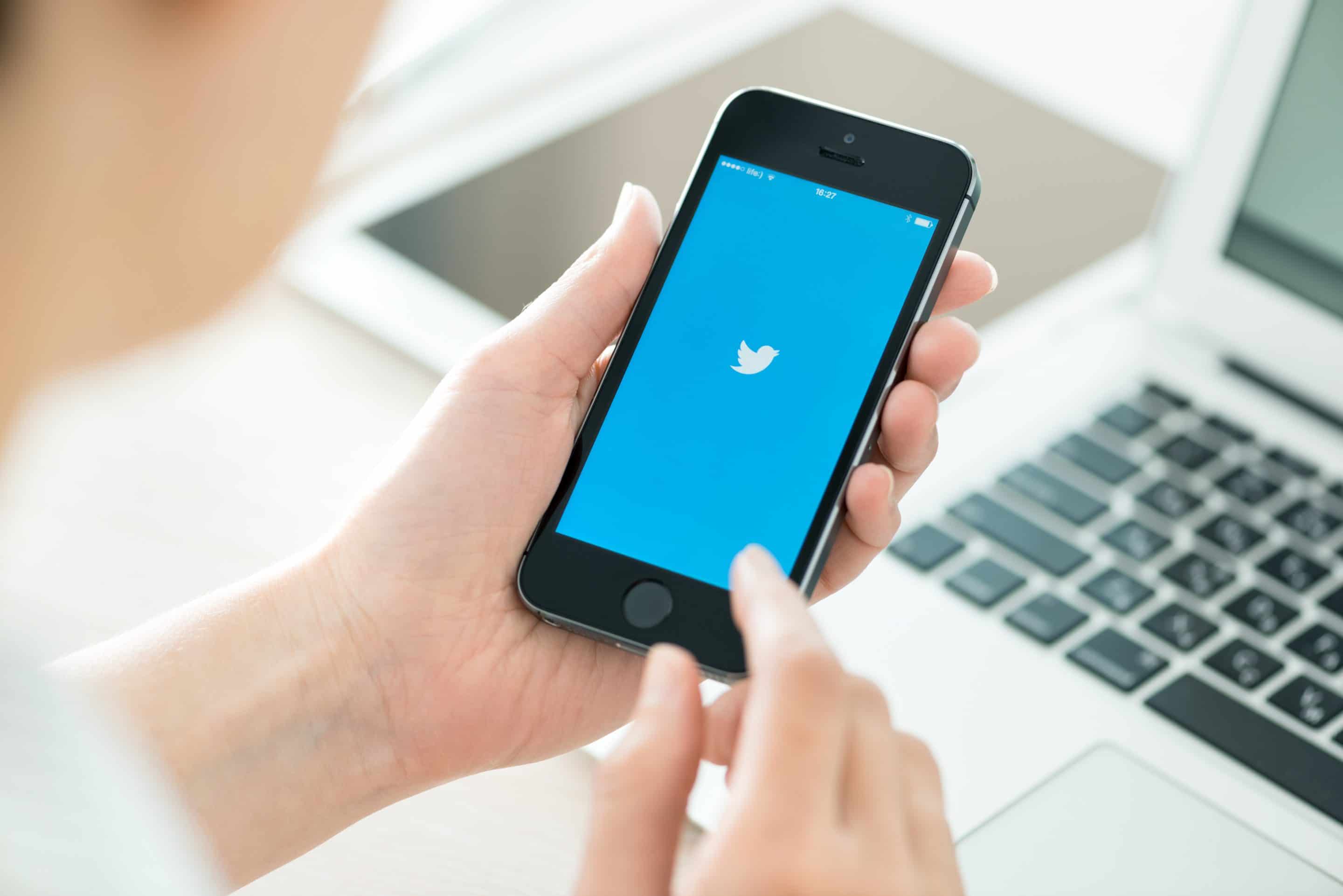 Person looking at phone with Twitter logo