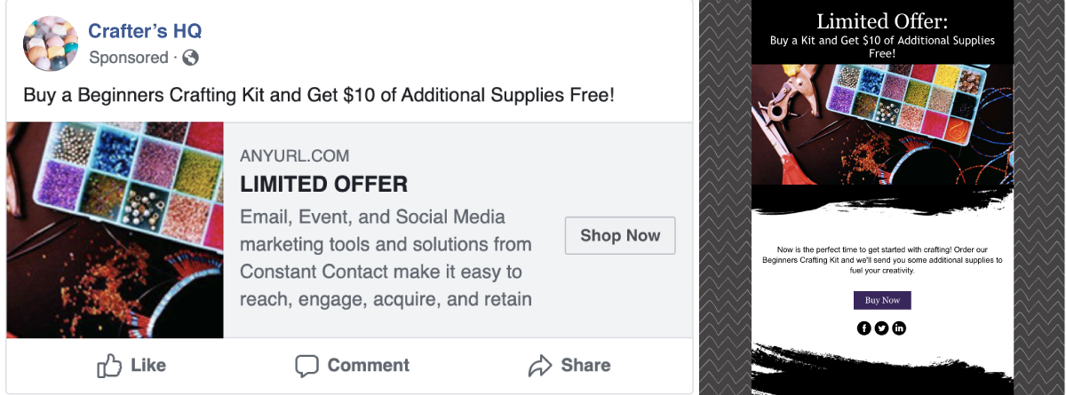 Email and Facebook linking to shoppable landing page.