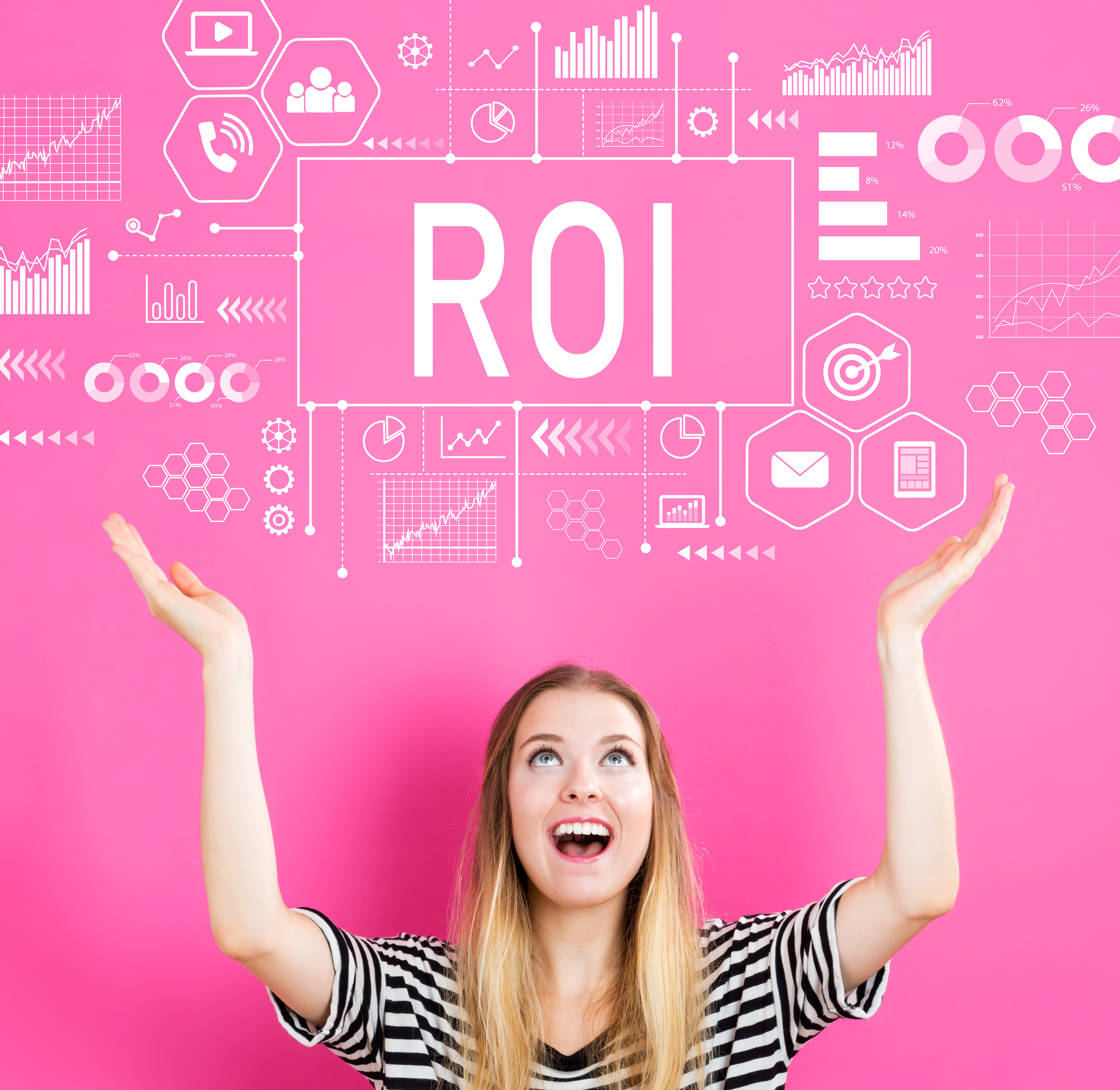 Woman looking up and smiling at ROI graphics above her.