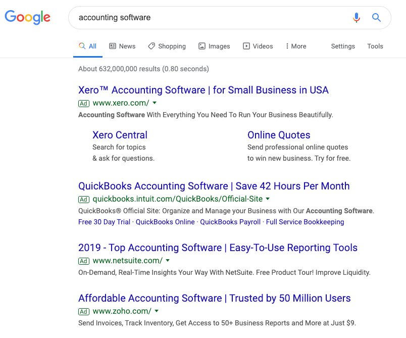 Search engine results showing PPC ads