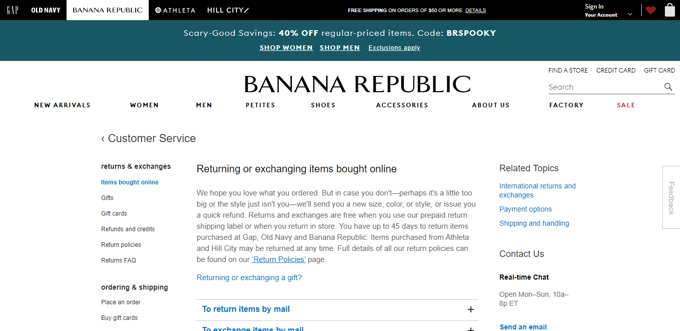 FAQ example for ecommerce