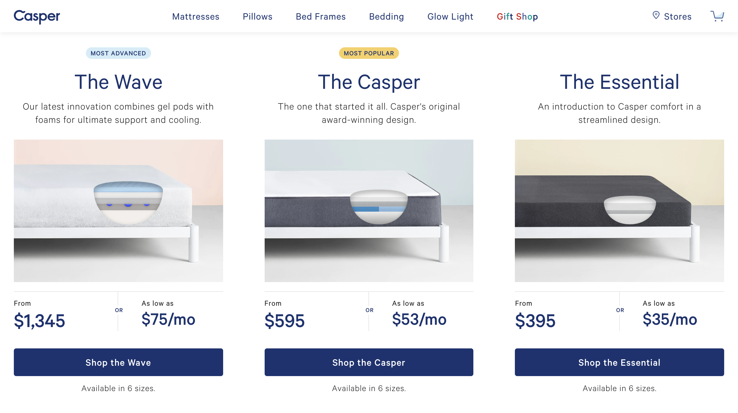 Casper three mattresses